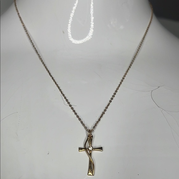 14K gf Vintage Cross with Small Diamond 9” drop Chain Necklace - Picture 1 of 5